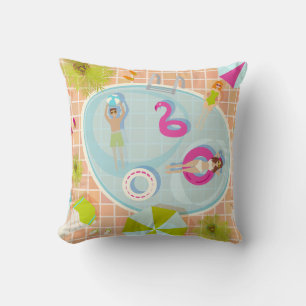 Bikini girls and guys playing swimming pool game throw pillow