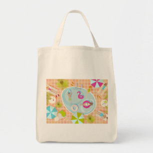 Bikini girls and guys playing swimming pool game tote bag