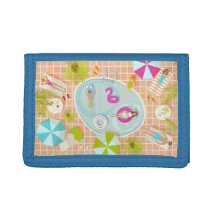 Bikini girls and guys playing swimming pool game trifold wallet