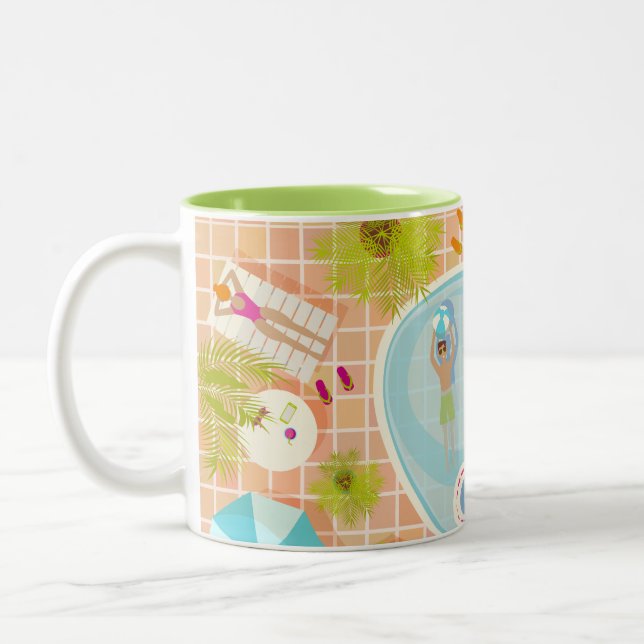 Bikini girls and guys playing swimming pool game Two-Tone coffee mug (Left)