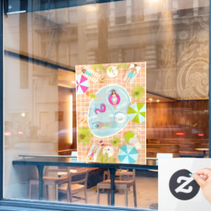 Bikini girls and guys playing swimming pool game window cling