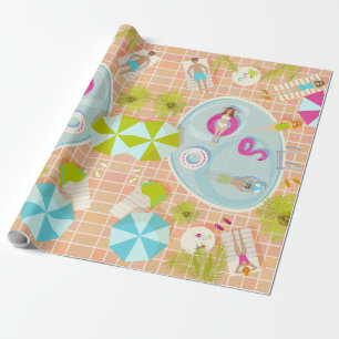 Bikini girls and guys playing swimming pool game wrapping paper
