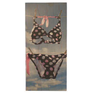 Bikini Hanging On A Clothesline Wood USB Flash Drive
