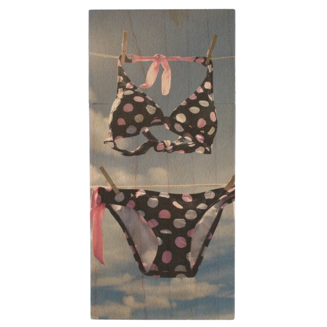 Bikini Hanging On A Clothesline Wood USB Flash Drive (Front Vertical)