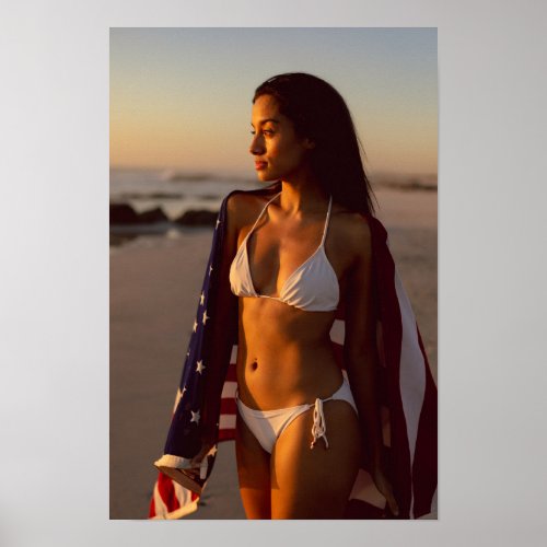 Bikini Model With An American Flag 18x12 Poster