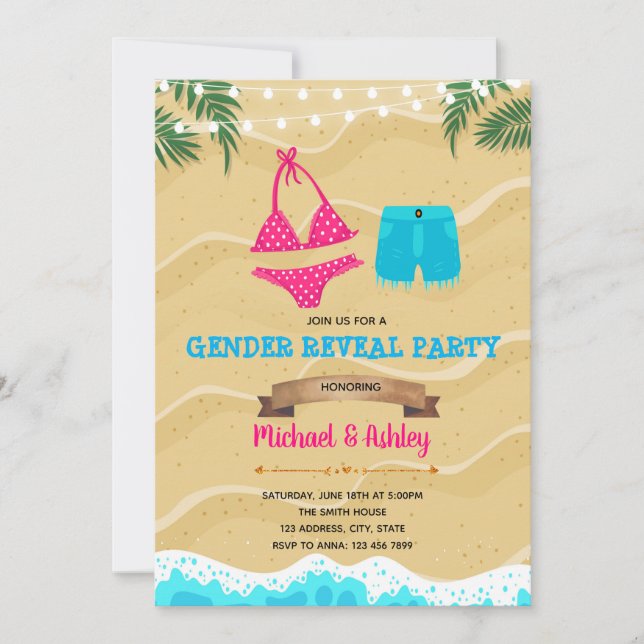 Bikini or Board shorts Gender Reveal party invite (Front)