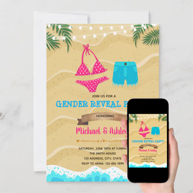 Bikini or Board shorts Gender Reveal party invite Zazzle