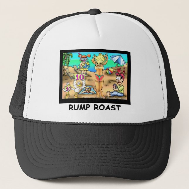 Bikini Rump Roast Funny Offbeat Tees & Gifts Trucker Hat (Front)