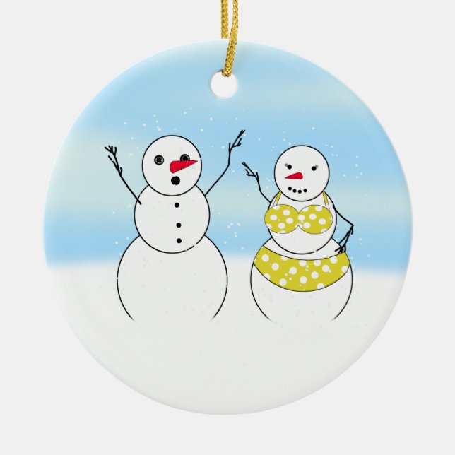 Bikini Time Snowmen Ceramic Ornament (Front)