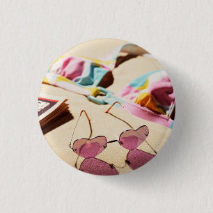 Bikini Top And Heart Shape Sunglasses On Beach Pinback Button