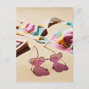 Bikini Top And Heart Shape Sunglasses On Beach Postcard