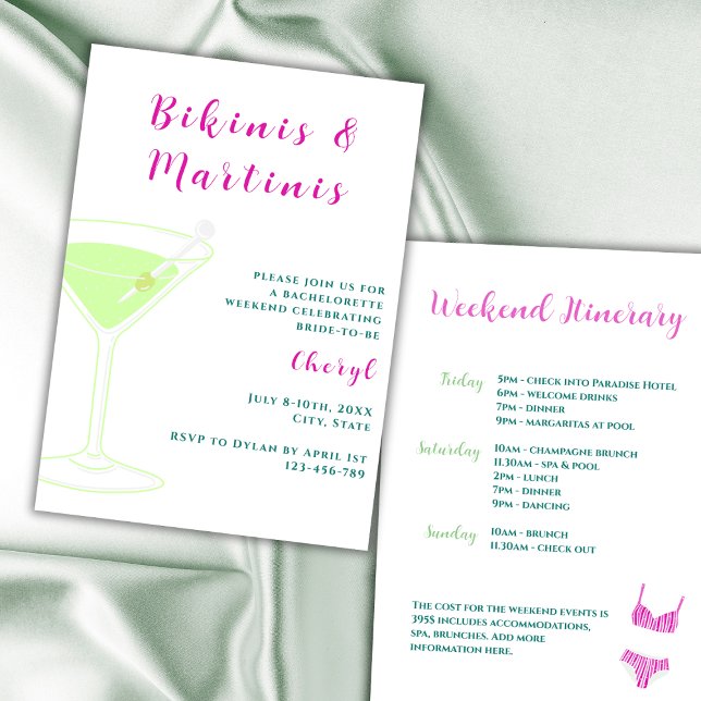 Bikinis And Martinis Bachelorette Weekend Invitation (bikinis and martinis bachelorette party invitation vibrant pink and green weekend itinerary)