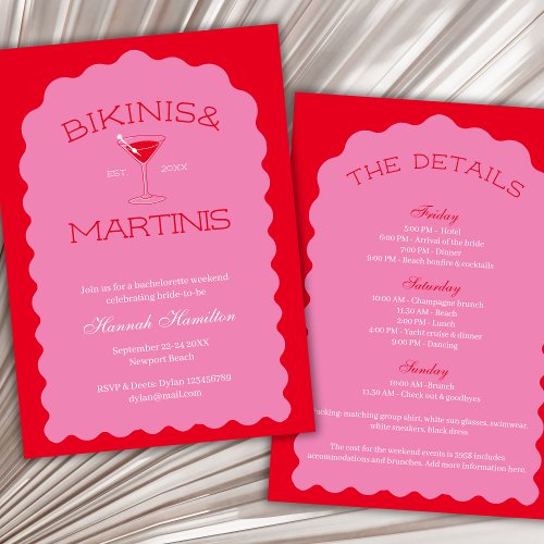 Bikinis And Martinis Bold Pink  Red Bachelorette Invitation