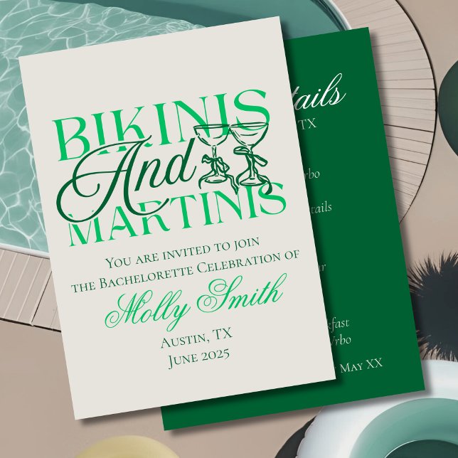 Bikinis and Martinis – Custom Bachelorette Party Invitation (Bikinis and Martinis invite with modern bow font – perfect for bachelorette or bridal celebrations!)