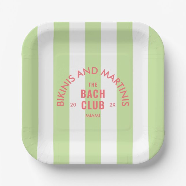 Bikinis And Martinis The Bach Club Green Stripe Paper Plates (Front)