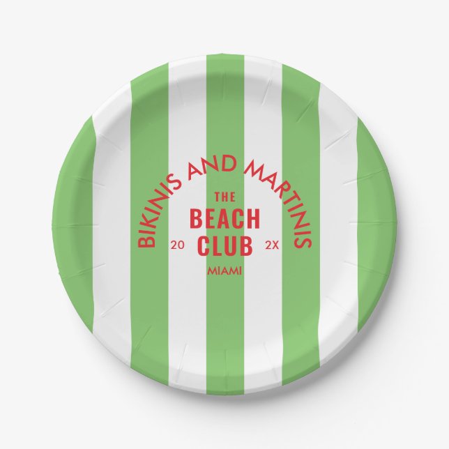 Bikinis And Martinis The Beach Club Green Stripe Paper Plates (Front)