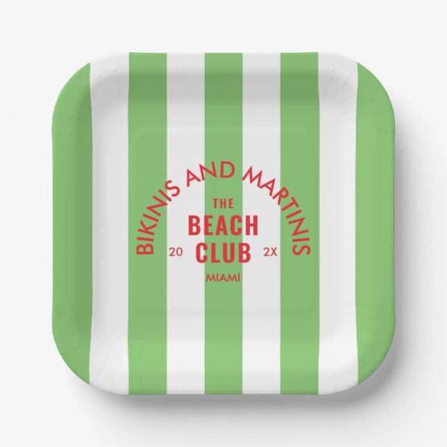 Bikinis And Martinis The Beach Club Green Stripe Paper Plates (Front)