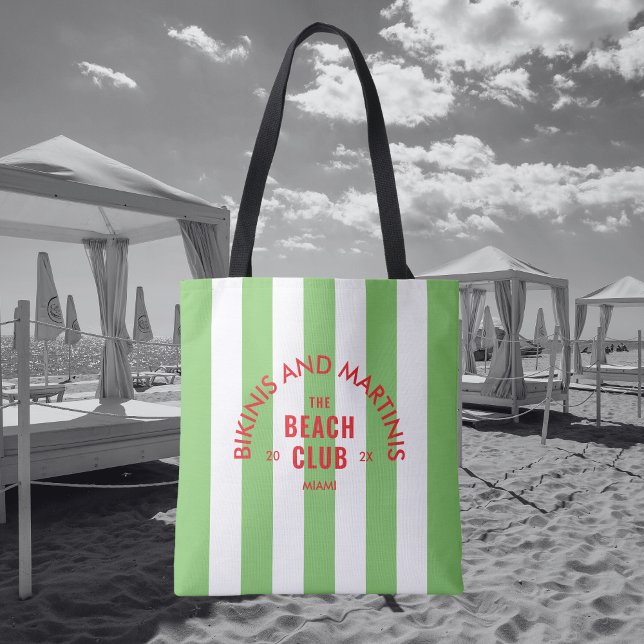 Bikinis And Martinis The Beach Club Green Stripe Tote Bag (Creator Uploaded)