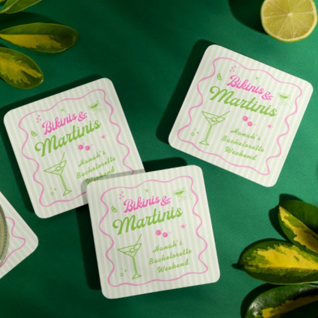 Bikinis and Martins Bachelorette Party Square Paper Coaster (Creator Uploaded)