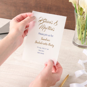 bikinis & martinis bachelorette party name brown vellum invitations