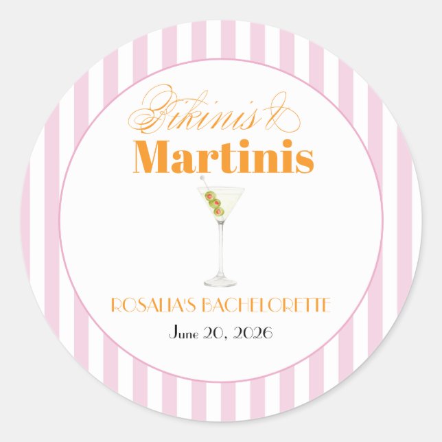 Bikinis & Martinis bachelorrette (Pink & Orange) Classic Round Sticker (Front)