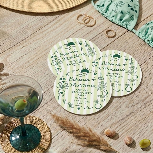 Bikinis & Martinis Beach Bachelorette Party Custom Round Paper Coaster (Creator Uploaded)