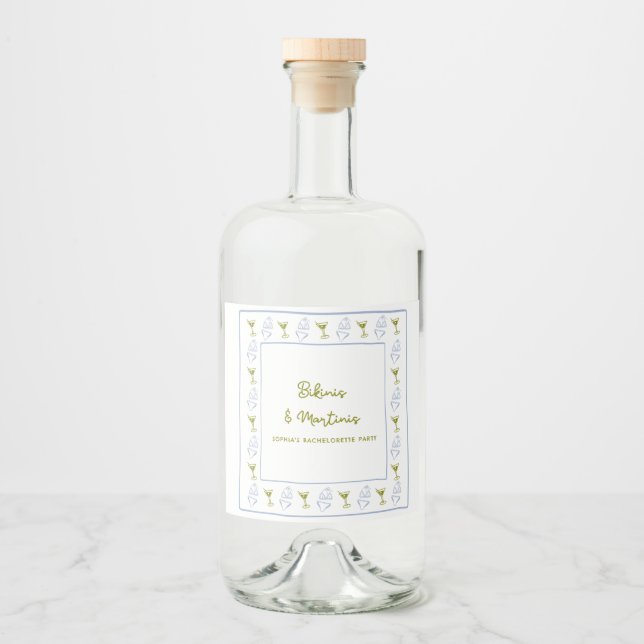 Bikinis & Martinis Blue Olive Bachelorette Party  Liquor Bottle Label (Front)
