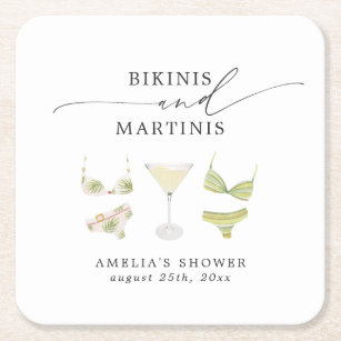 Bikinis & Martinis Bridal Shower Bachelorette Square Paper Coaster
