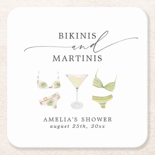 Bikinis  Martinis Bridal Shower Bachelorette Square Paper Coaster