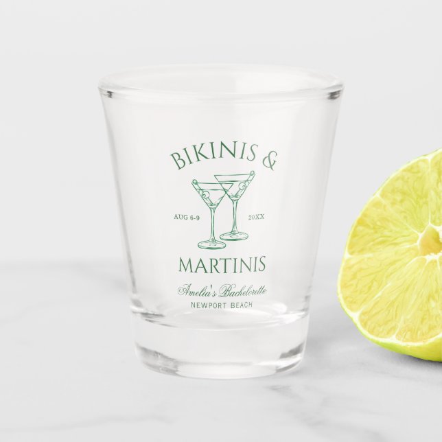 Bikinis & Martinis Green Bachelorette Shot Glass (Front)