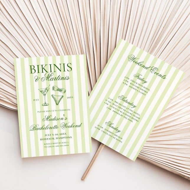 Bikinis & Martinis Green Striped Bachelorette Invitation (Creator Uploaded)