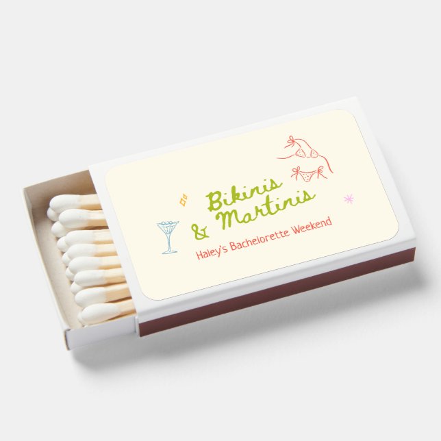 Bikinis & Martinis Hand Drawn Bachelorette Matchboxes (Front Open)