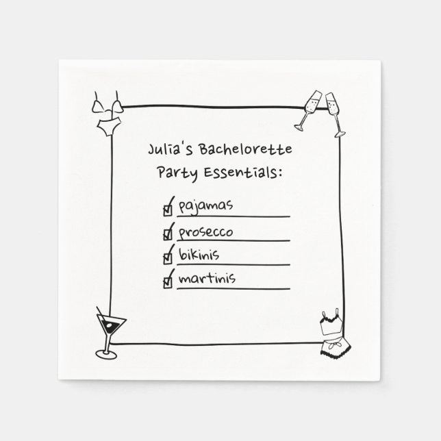 Bikinis, Martinis, Pajamas, Prosecco Bachelorette  Napkins (Front)