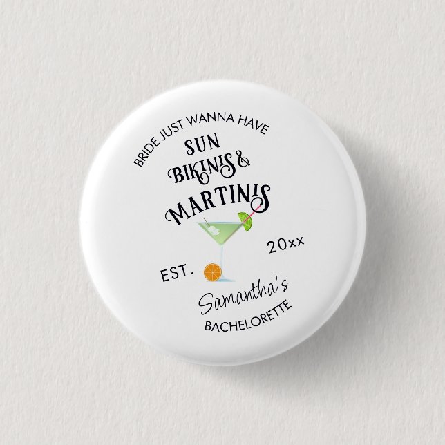 Bikinis & Martinis Tropical Pool Hen Bachelorette Button (Front)