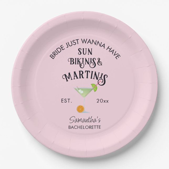 Bikinis & Martinis Tropical Pool Hen Bachelorette Paper Plates (Front)