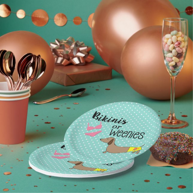 Bikinis or Weenies Gender Reveal Dachshund Party  Paper Plates (Multi)
