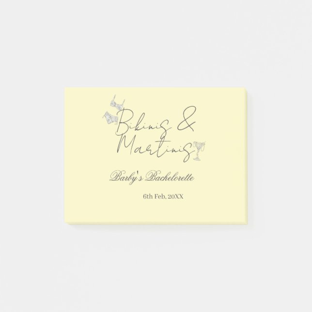 Bikins & Martinis bachelorette party yellow retro Post-it Notes (Front)