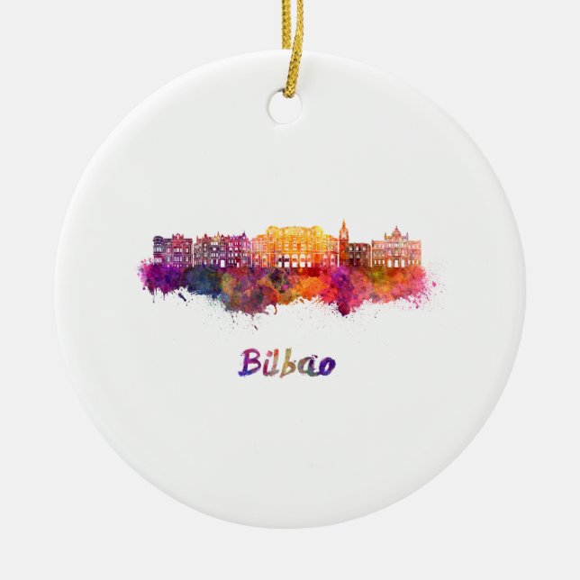 Bilbao skyline in watercolor ceramic ornament (Front)