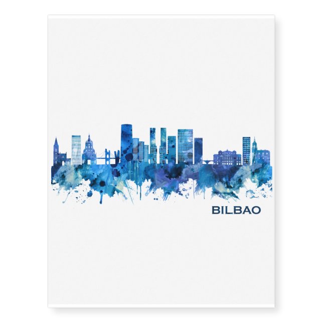 Bilbao Spain Skyline Blue Temporary Tattoos (Front)