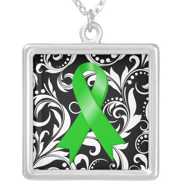 Bile Duct Cancer Ribbon Deco Floral Noir Silver Plated Necklace (Front)