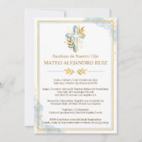 Bilingual Baptism Invitation Boy Cross Gold