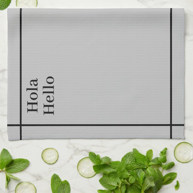 Bilingual Black&grey Hola-Hello, Spanish-English Kitchen Towel (Folded)