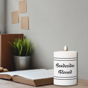 Bilingual Black & white Bendecidos Blessed Pillar Candle