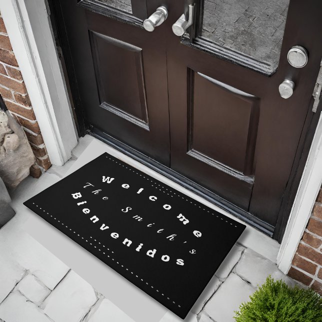 Bilingual Black-White Eng-Spa Welcome Bienvenidos  Doormat (Bienvenidos-welcome bilingual doormat  custom family name, personalized text multilingual project)