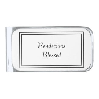Bilingual Black & White Spanish Bendecido Blessed  Silver Finish Money Clip
