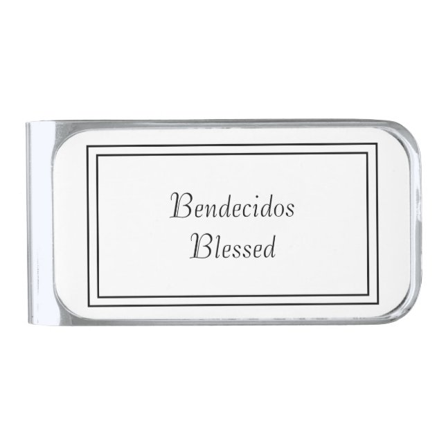 Bilingual Black & White Spanish Bendecido Blessed  Silver Finish Money Clip (Front)