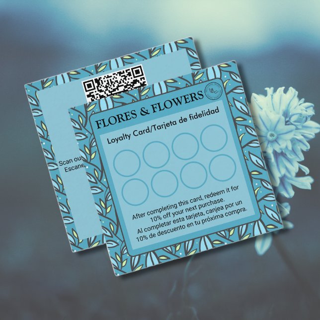 Bilingual Blue/Turquoise Leaves Spanish Loyalty Card (Loyalty Card Blue Leaves Pattern, Bilingual personalized text, small business. Multilingual Project)