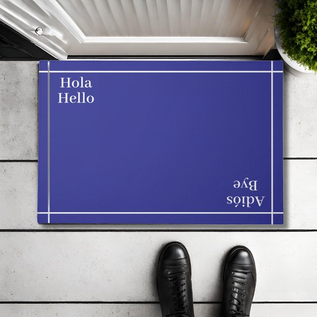 Bilingual Blue & White Hola-Hello Spanish-English Doormat (Bilingual blue & white doormat, custom text and name. multilingual project. )