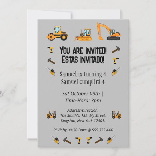 Bilingual  Boy Birthday Party Construction Theme Invitation