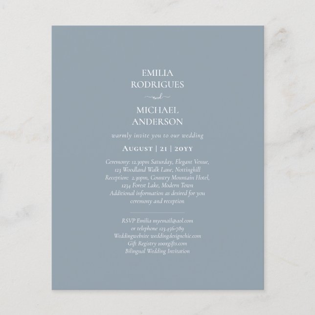 Bilingual Budget Dusty Blue Monochrome Wedding Flyer (Front)